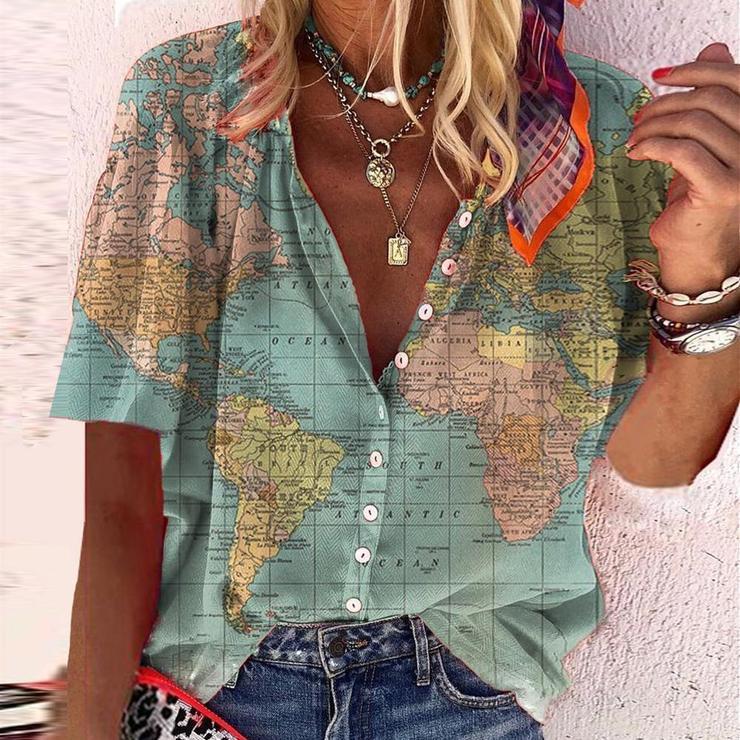 Distinctive Map Print Button Front Closure Shirt