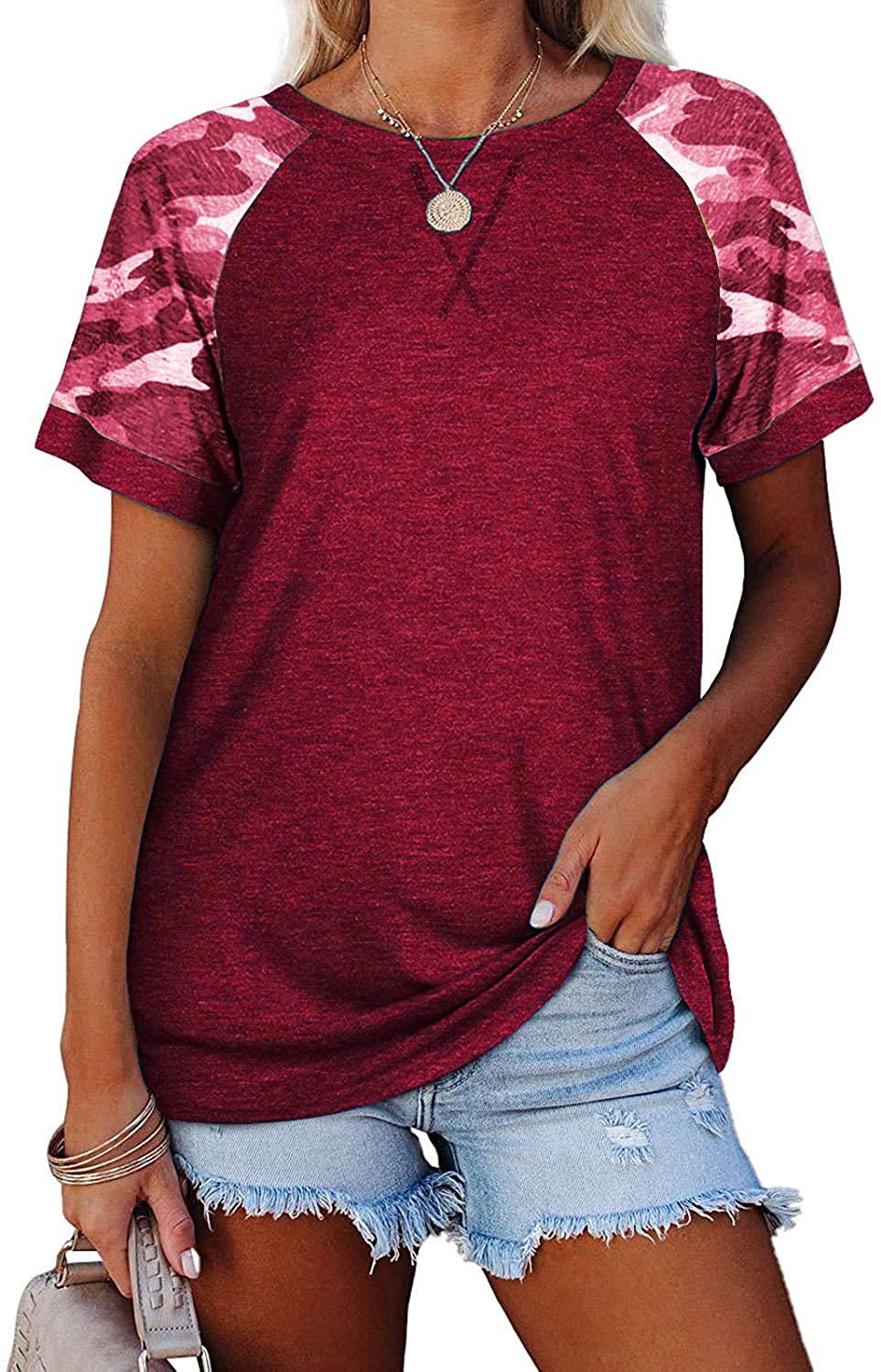 Camouflage Sleeve Solid Color Short Sleeve Top