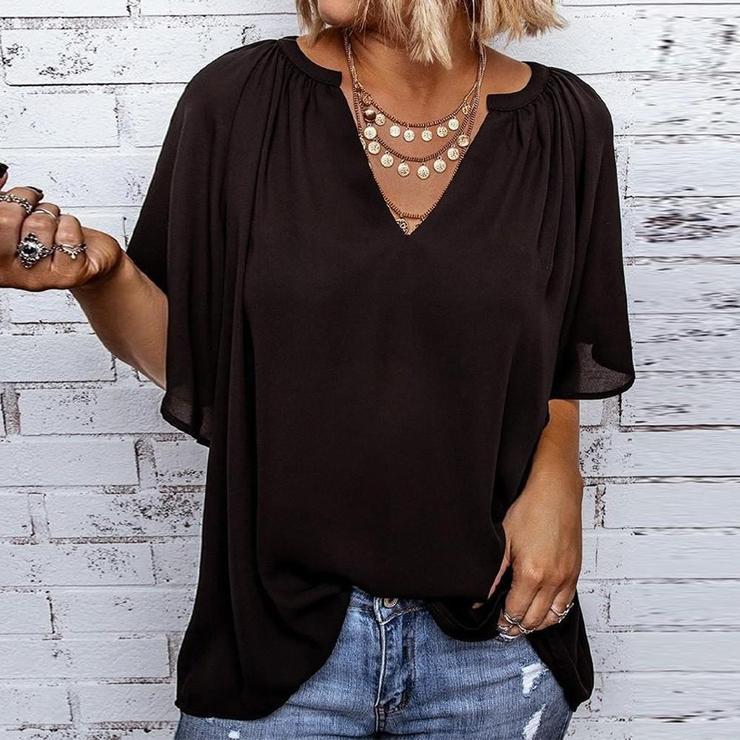 Chic Notched Neckline Short Sleeve Black Top