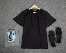 Load image into Gallery viewer, Chic Notched Neckline Short Sleeve Black Top
